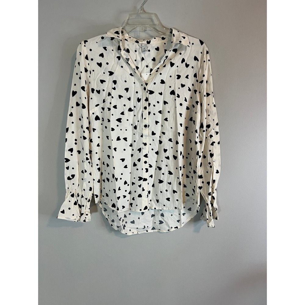 Cato Womens Heart Polka Dot Button Down Blouse White Black Smocked Cuff M